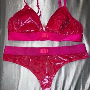 PINK Victoria's Secret Shiny Velvet Bralette & Thong Set - Bright Pink